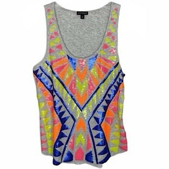 EXPRESS • Neon Sequin Aztec Multi Color Racerback Tank Top - Picture 1 of 5